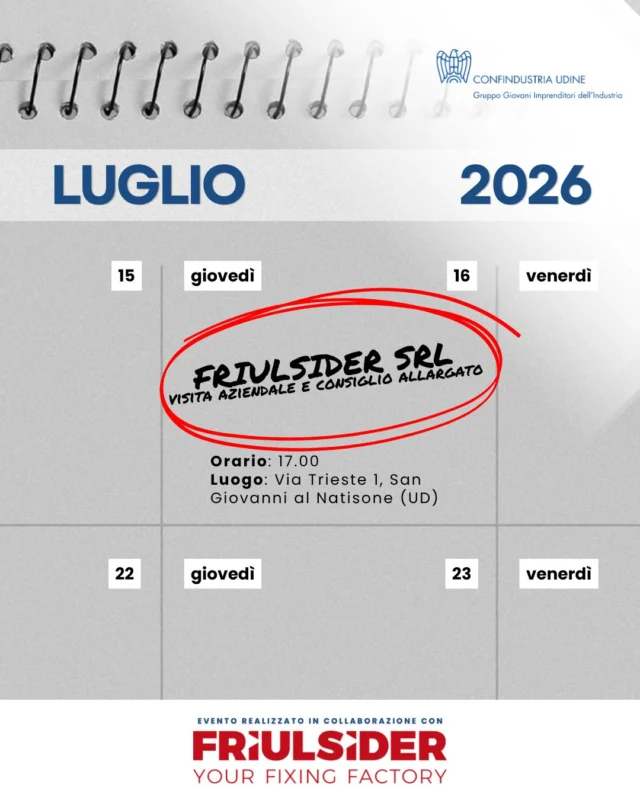 🏭 Un nuovo appuntamento per conoscere da vicino una delle eccellenze del nostro territorio.

📅 Giovedì 16 luglio alle ore 17.00 il Gruppo Giovani Imprenditori di Confindustria Udine visiterà Friulsider Srl, realtà di riferimento nella progettazione e produzione di sistemi di fissaggio, ancoraggi e viteria per l’edilizia e l’industria.

🔩 Un’occasione per scoprire da vicino un’azienda che, attraverso competenza, innovazione e qualità, contribuisce ogni giorno allo sviluppo del settore delle costruzioni e dell’industria.

A seguire si terrà il Consiglio Allargato, momento dedicato al confronto, alla condivisione di idee e al rafforzamento delle relazioni tra i giovani imprenditori del territorio. 🤝

Con il supporto di: Banca di Udine - 4DODO - KOKI - Blue Service - Synergie Italia - Sacer - Ceccarelli - Dusci - Smashie - Generali Udine Venti Settembre - Ingegni Srl

Sponsor tecnici: INGEGNO Suite - Zeranta Digital - Ultroneo

Media & Communication Partner: Upperlab

#GGIUD #innovazione #storiedibusiness #crescitaaziendale